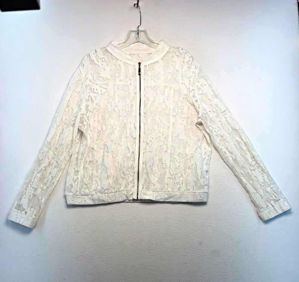 Women's White Floral Lace Full Zip Long Sleeve Short Jacket Stretch Streetwear L